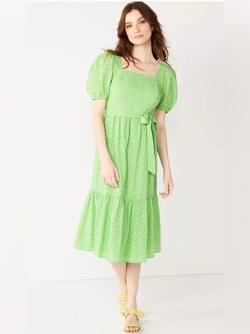 Draper James Lime Green Cotton Eyelet Square Neck Smocked Dress Size Large